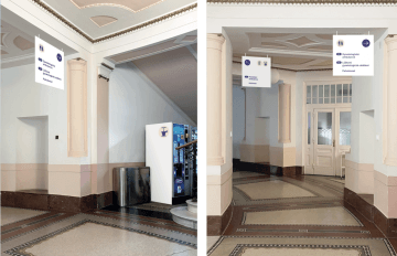 Řešení centrálního prostoru ve zvýšeném přízemí - recepce v Ústavu pro péči o matku a dítě